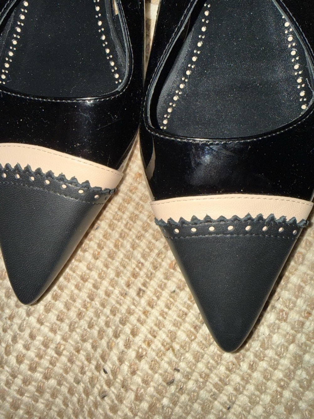 Manolo Blahnik Black Patent Slingback Pointed Toe Flats with Cream Accent - Picture 2 of 3
